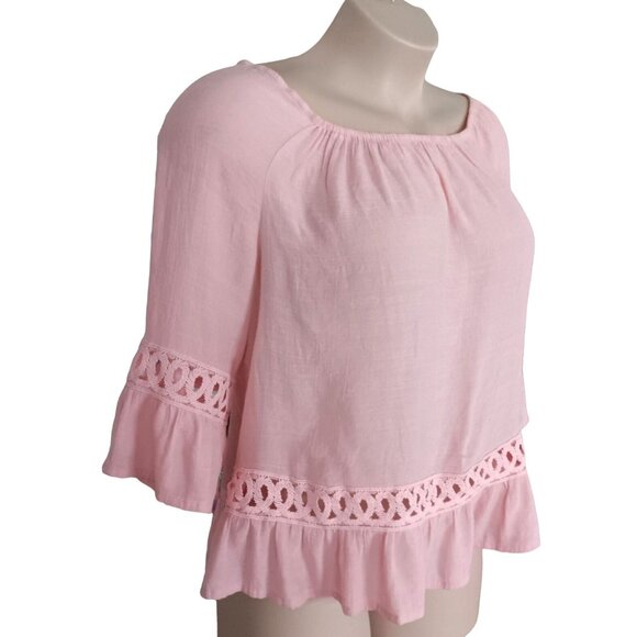 Unique Spectrum Womens Pink XL Peasant Top Crochet Details 3/4 Sleeves - Picture 2 of 7
